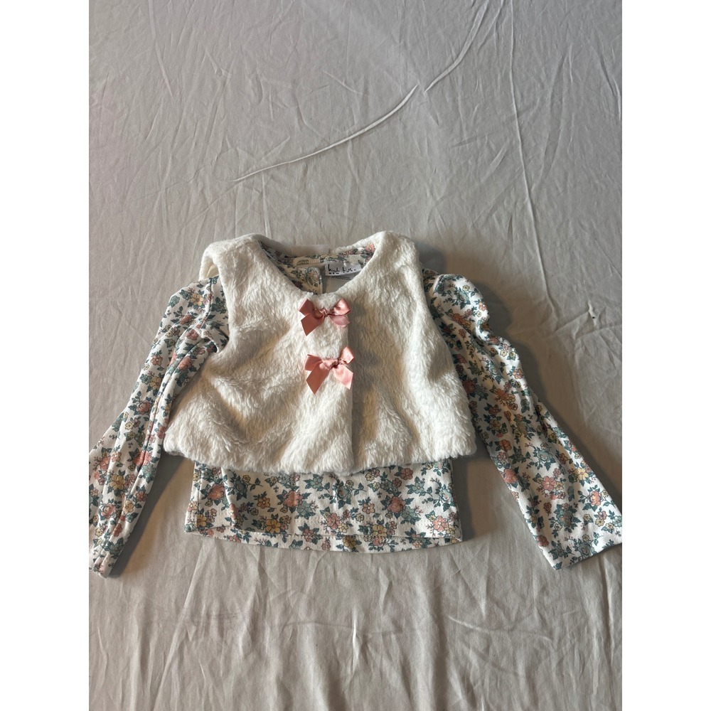 Nicole Miller Floral Top and Faux Fur Vest Set Baby Girl 12M White Pink